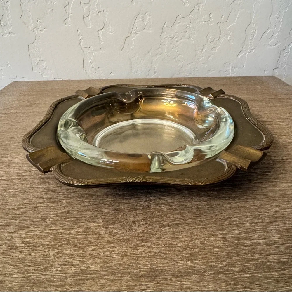 Vintage Brass Ashtray Glass Insert Large 8” MCM Hollywood India Catchall Tray